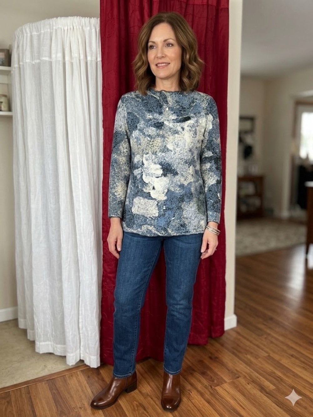Women's Blue Marble-Print Long Sleeve Tee